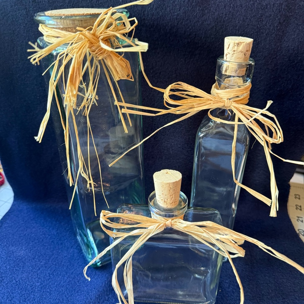 Vintage Set of 3 French Square Glass Bottles with corks.